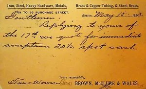 Brown McClure & Wales Boston Mass 1893 Postal Card Iron Steel Advertising - Picture 1 of 2