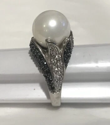 Sterling Silver Faux Pearl Black & Clear Rhinestones Ring 925 Signed SX Size 9 - Image 1 of 4