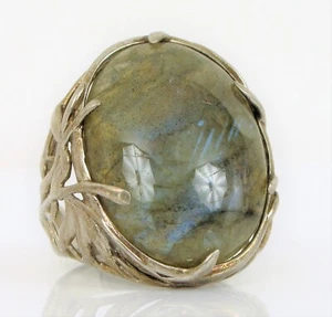 VINTAGE BEAUTIFUL HEAVY STERLING SILVER LABRADORITE CHINA ORNATE RING SIZE 7.25 - Picture 1 of 1