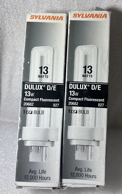 (2)- SYLVANIA DULUX D/E 13W Compact Fluorescent 20682 827 12,000 Hours Lamps NOS - Image 1 of 2