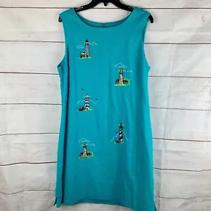 Vestido Vintage Lino Bordado 12 14 XL Faros Cremallera Náutica Azul Teal - Imagen 1 de 24