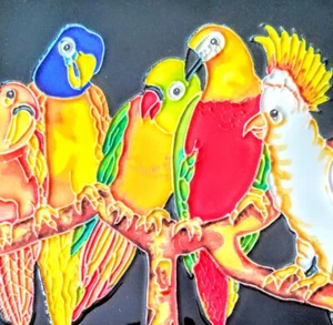 Bunte tropische Vögel Paradies Deko Keramik Kunst Fliesen Handarbeit. - Bild 1 von 3