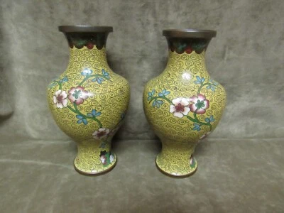Antique Made China Cloisonné Enamel Brass Floral Blossom Mustard Yellow Vase pr - Image 1 of 4