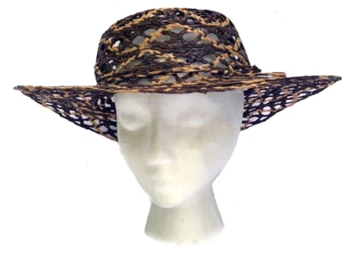 Vintage 1980s Brown + Beige Vinyl Straw  Woven Floppy Wide Brim Sun Hat S/M - Image 1 of 4