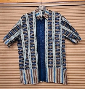 Boho Hippie Ethnic Print Shirt Mens Size XL Button down Vivid Blues Orange - Picture 1 of 9