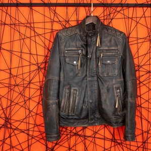 INFINITY Mens Borwn Black Distressed FullZip Leather Motorcycle Vintage Jacket M - Picture 1 of 17
