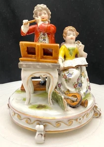 ANTIQUE NAPLES CAPODIMONTE MUSICIANS DUO PORCELAIN FIGURINE 6" GILDED c1840 vg - Picture 1 of 9