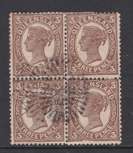1907-10 QUEEN VICTORIA 3d BLOCK 4 QUEENSLAND STATE PRE-DECIMAL STAMPS VFU #14 - Picture 1 of 1