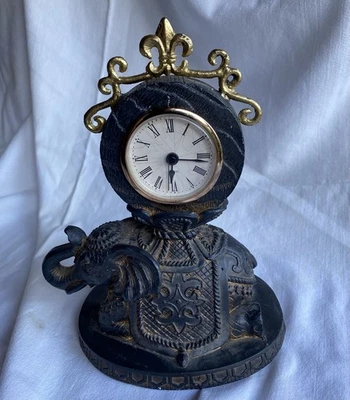 ELEPHANT CLOCK Mantle or Desk Golden & Bronze Highlights Resin-Works EUC - Image 1 of 4