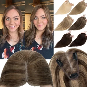 100% Remy Human Hair Women's Topper Piece Free Part Clip In Lace Base Top Toupee - Picture 1 of 27