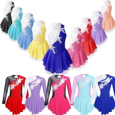 Kids Girl Floral Decor Hollow Back Dance Roller Ice Skating Dress Ballet Lyrical - Image 1 of 3