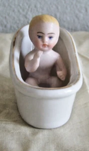 ANTIQUE BISQUE BABY IN PORCELAIN BATH TUB GERMAN - Picture 1 of 6