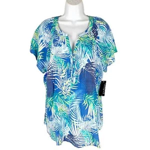 NEW Kim Rogers Summer Top PL Blue Green White Tropical Foliage Print Breezy NWT - Picture 1 of 5