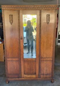 Antique Carved Oak Wardrobe Armoire with Mirror