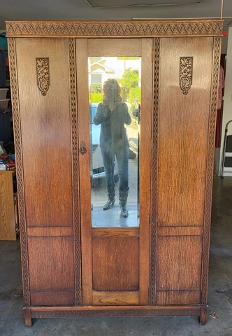 Antique Carved Oak Wardrobe Armoire with Mirror Cover