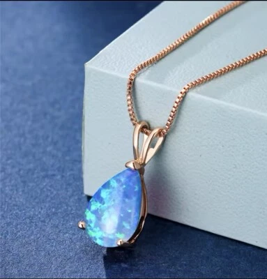 9ct Rose Gold gf  Blue Opal Fire Teardrop  Pendant Necklace Gift Boxed (92) - image 1 of 4