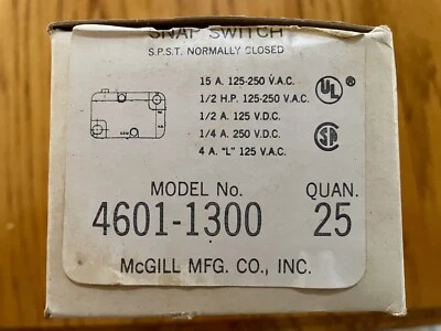 NOS 25 peças Lote McGill 4601-1300 alavanca de rolo micro interruptor de pressão 1/2HP 15A/250VAC - Imagem 1 de 4