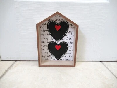 NEW Farmhouse Valentine's Day black white reds hearts love shelf sitter 7" x 5" - Image 1 of 2