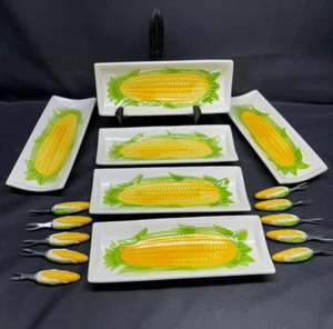 Set of 6 ~ Knobler "CORN ON THE COB" Ceramic Plates w/10 Corn Holders - Picture 1 of 14