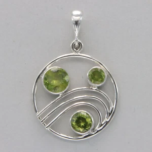 925 Sterling Silber runder grüner Peridot Welle Anhänger - Pendantif Peridot argent - Bild 1 von 8