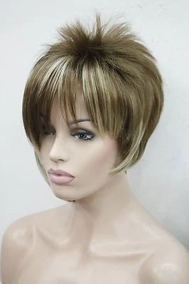 Brown blonde mix side bangs short straight synthetic hair women's wig - Image 1 of 4
