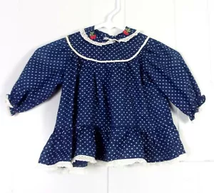 vtg 50s 60s Smocked Swiss Dot Baby Dress Toddler Cherry Appliques 6-12 Mos. - Picture 1 of 3