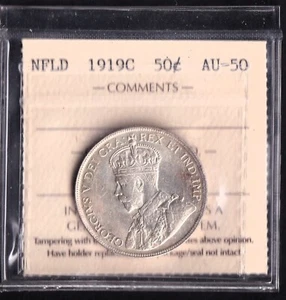 Newfoundland 1919c Fifty Cent 50c Coin ICCS Graded AU-50 Nice Grade - Picture 1 of 2