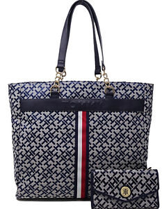 NEW Tommy Hilfiger Red White Blue Stripe Large Tote Bag Handbag Purse Wallet Set