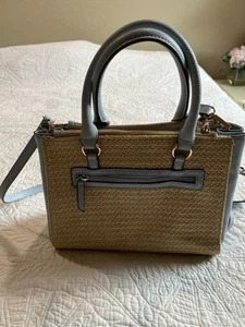 Anne Klein Powder Blue and Straw Colored Panels Square Purse Many Zippers - Picture 1 of 16