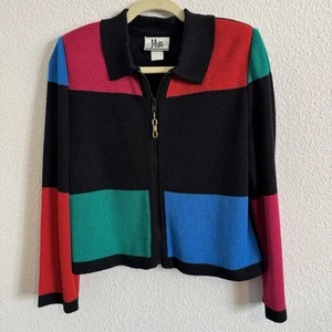 VTG Mita Sweater Size 6P Krinkle Spun Colorblock Gold Zip Front Cardigan - Picture 1 of 4