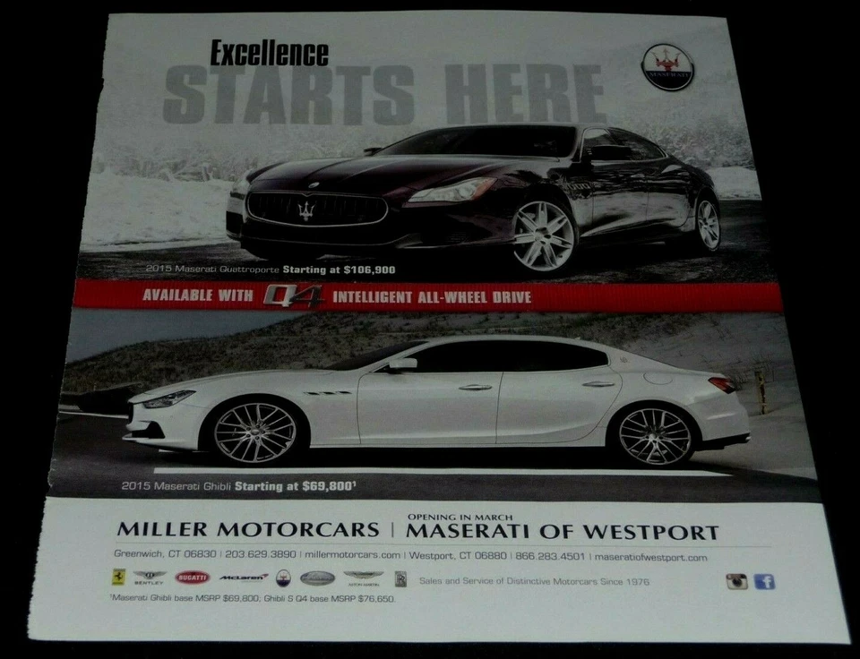 MASERATI TWO CAR QUATTROPORTE & GHIBLI  SPORTS CARS -2015 ADVERTISEMENT  - Image 1 of 1