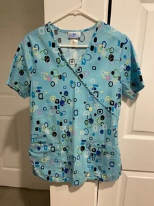 Scrubs Scrub Top Women’s S Blue Geometric Circles Nurse Tech Vet Medical - Picture 1 of 7