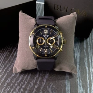 Bulova Marine Star 98B278 Black/Gold Dial Black Rubber Strap Men's Watch 44mm - Picture 1 of 9