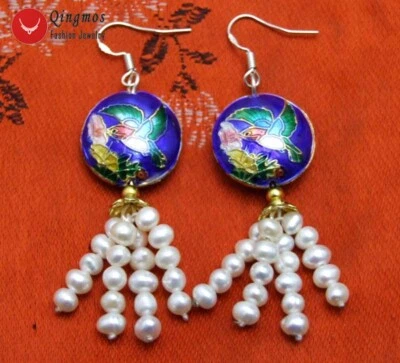 Pendiente colgante cloisonne azul con borla de perlas blancas naturales de 4-5 mm Foto 1 de 4