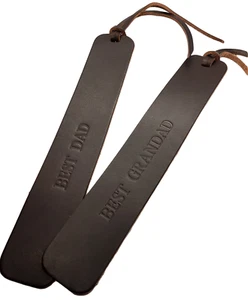 Leather Bookmark in Dark Brown Veg Tan Leather with Best Dad or Best Grandad - Picture 1 of 8