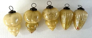 Christmas Ornaments Kugel Style Gold Mercury Glass Set of 5 Teardrop - Picture 1 of 6