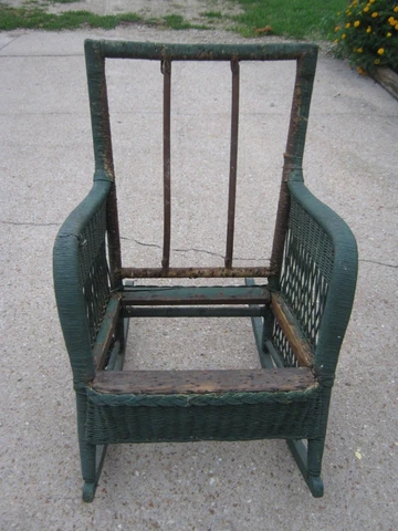 Original Primitive Antique Old Vintage Green Wicker Rocking Chair needs new seat Cover