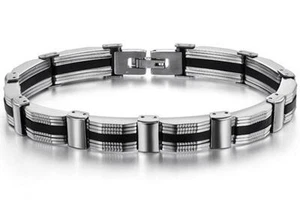 Men's Stainless Steel 316L Black Silicone Stripe Link Bracelets 8.75" - Picture 1 of 4