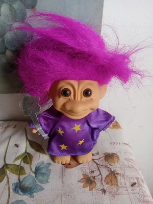 Muñeca Troll Russ Años 90 Mago Bata Púrpura Traje Estrella Pelo Rosa Varita Estrella Foto 1 de 4