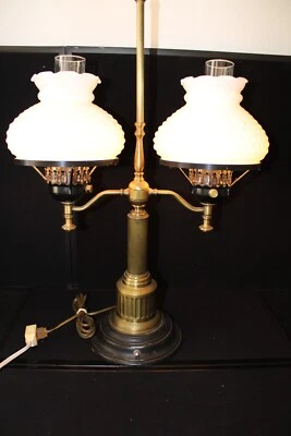 Vintage Double Arm Brass Student Hurricane Lamp w/ White Hobnail Shades {423} - Image 1 of 4