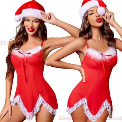 3 peças conjunto de lingerie feminina sexy Natal vestido de Papai Noel chapéu tanga babydoll roupa de dormir - Imagem 1 de 4