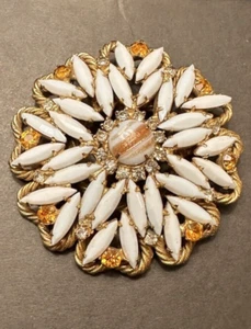 Juliana Gold Tone Milky Glass Navette Topaz Gold Fluss Flower Pin Brooch - Picture 1 of 7