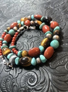 19” Vintage Native American Bench Bead Treasure Gemstone 925 Turquoise Coral - Picture 1 of 10