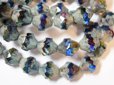 15 11x10mm Czech Glass Blue, Purple, Yellow FAB Picasso Baroque  Bicone Beads - Image 1 of 4