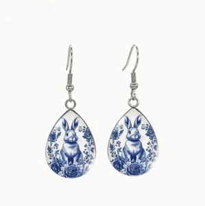 Blue & White Teardrop Easter Bunny Rabbit Dangle Earrings Silver Tone - Picture 1 of 2