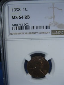 1998 LINCOLN CENT NGC MS 64 RB WIDE AM - Picture 1 of 3