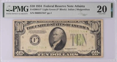 Fr. 2004-F* $10 1934 Light Green Seal FRN Star Note. PMG 20. Very Rare. POP 4. - Image 1 of 2