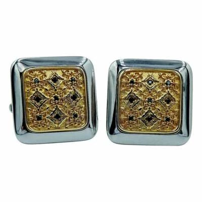 Puño floral cuadrado de ónix de corte redondo negro vintage eslabones para hombre en oro de dos tonos de 10K Foto 1 de 4