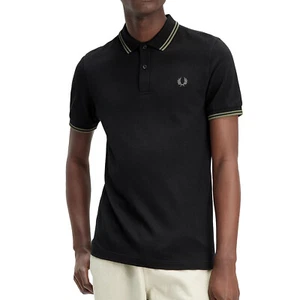 Fred Perry Men's Short Sleeve M3600 Twin Tipped Polo Shirt Black Laural Green - Picture 1 of 6