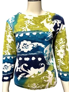 Chicos Long Sleeve Blouse Blue White Green Cotton Abstract Floral Print Top SZ 1 - Picture 1 of 8